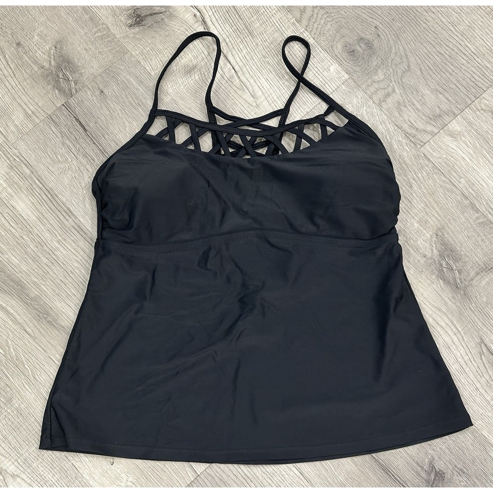 Time And Tru Black Woman's Tankini Top Basket Weave Racerback Bikercore Medium
